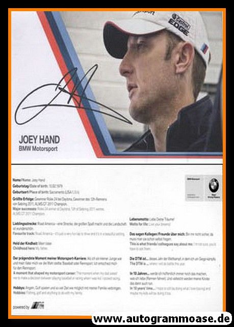 Autogramm Tourenwagen | Joey HAND | 2012 Druck (BMW)