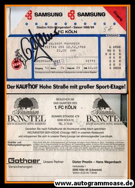 Ticket Fussball | 1. FC Köln | 1988 (Spiel Mannheim) + Autogramm