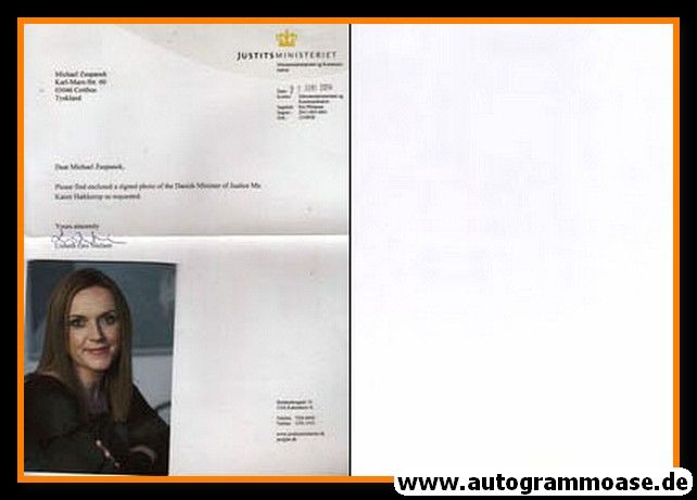 Autogramm Politik | Dänemark | Karen HAEKKERUP | 2010er (Justizministerin) + Brief
