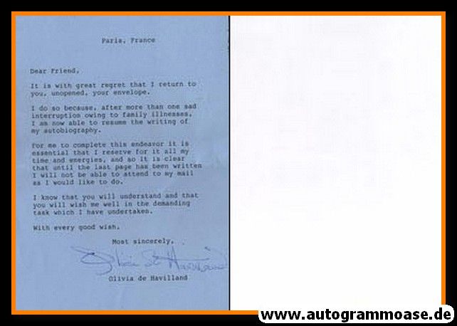 Autogramm Film (Frankreich) | Olivia DE HAVILLAND | 1980er (Brief)