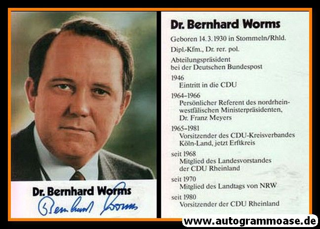 Autogramm Politik | CDU | Bernhard WORMS | 1980er (Portrait Color) Lebenslauf