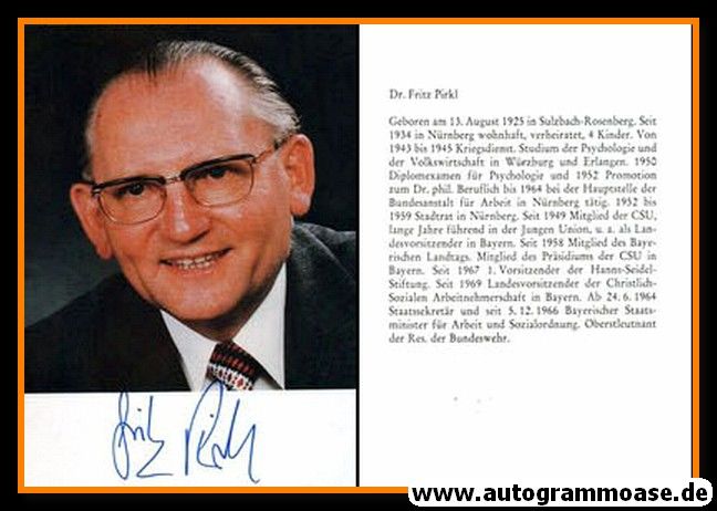 Autogramm Politik | CSU | Fritz PIRKL | 1970er (Portrait Color)