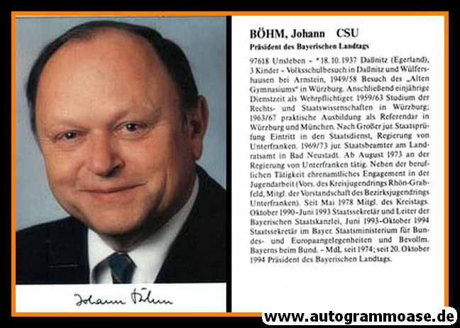 Autogramm Politik | CSU | Johann BÖHM | 1970er (Portrait Color)