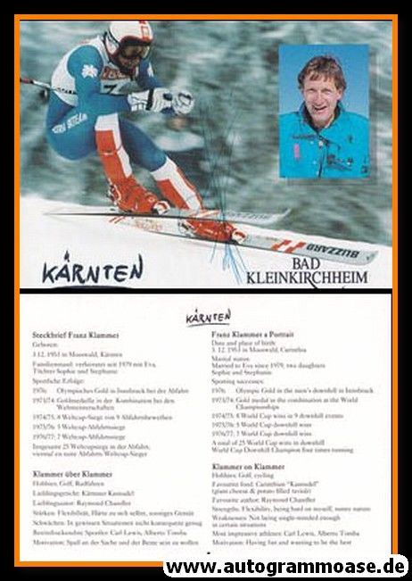 Autogramm Ski Alpin | Franz KLAMMER | 1990er (Collage Kärnten) 1976 OS-Gold