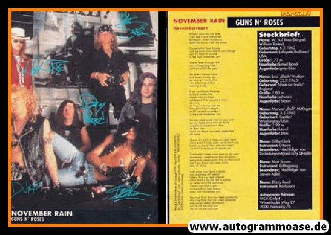 Autogramme Rock (USA) | GUNS N ROSES | 1991 Druck "November Rain"