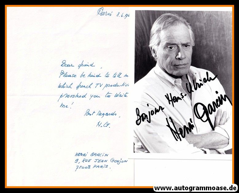 Autogramm Film (Frankreich) | Henri GARCIN | 1990er Foto (Portrait SW) + Brief