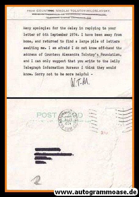 Autogramm Wissenschaft | Nikolai TOLSTOY | 1974 (Postkarte)