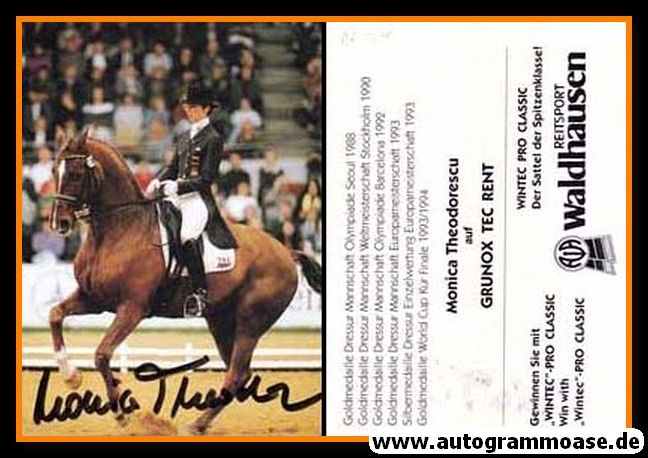 Autogramm Reiten | Monica THEODORESCU | 1990er (Wettkampfszene mit GRUNOX TEC RENT)