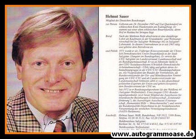 Autogramm Politik | CDU | Helmut SAUER | 1990er (Portrait Color) Lebenslauf