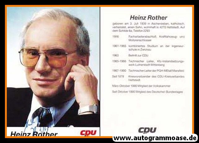 Autogramm Politik | CDU | Heinz ROTHER | 1990er (Portrait Color) Lebenslauf
