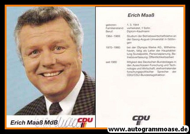 Autogramm Politik | CDU | Erich MAASS | 1980er (Portrait Color) Lebenslauf