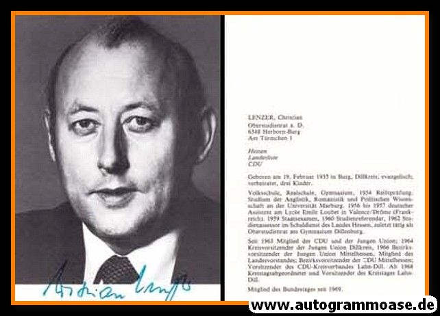 Autogramm Politik | CDU | Christian LENZER | 1970er (Portrait SW) Lebenslauf
