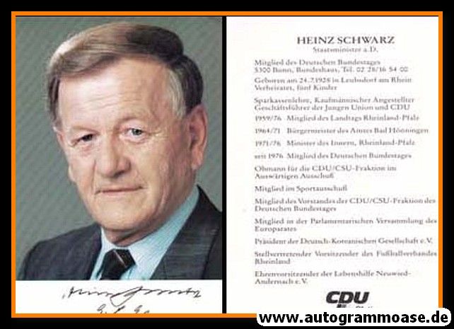 Autogramm Politik | CDU | Heinz SCHWARZ | 1990er (Portrait Color) Lebenslauf