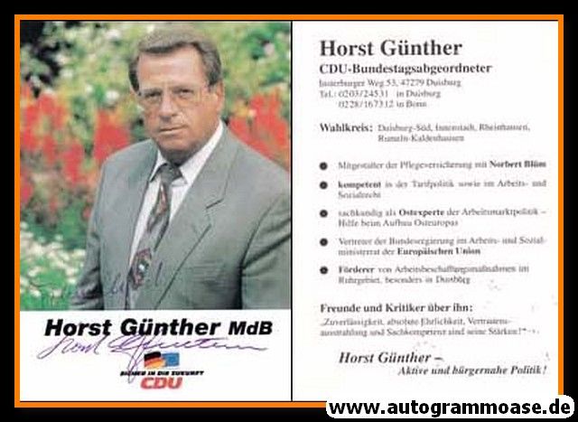 Autogramm Politik | CDU | Horst GÜNTHER | 1990er (Portrait Color) Lebenslauf