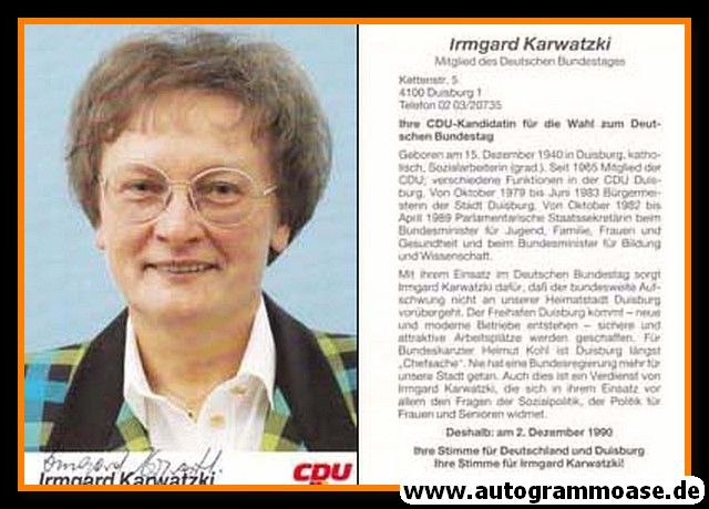 Autogramm Politik | CDU | Irmgard KARWATZKI | 1990 (Portrait Color) Bundestagswahl