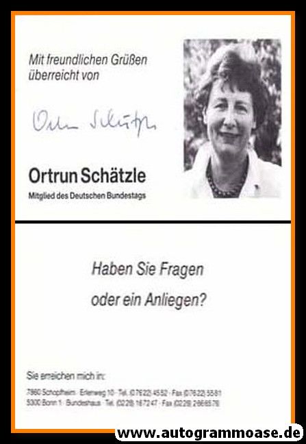 Autogramm Politik | CDU | Ortrun SCHÄTZLE | 1980er (Portrait SW) Klappkarte