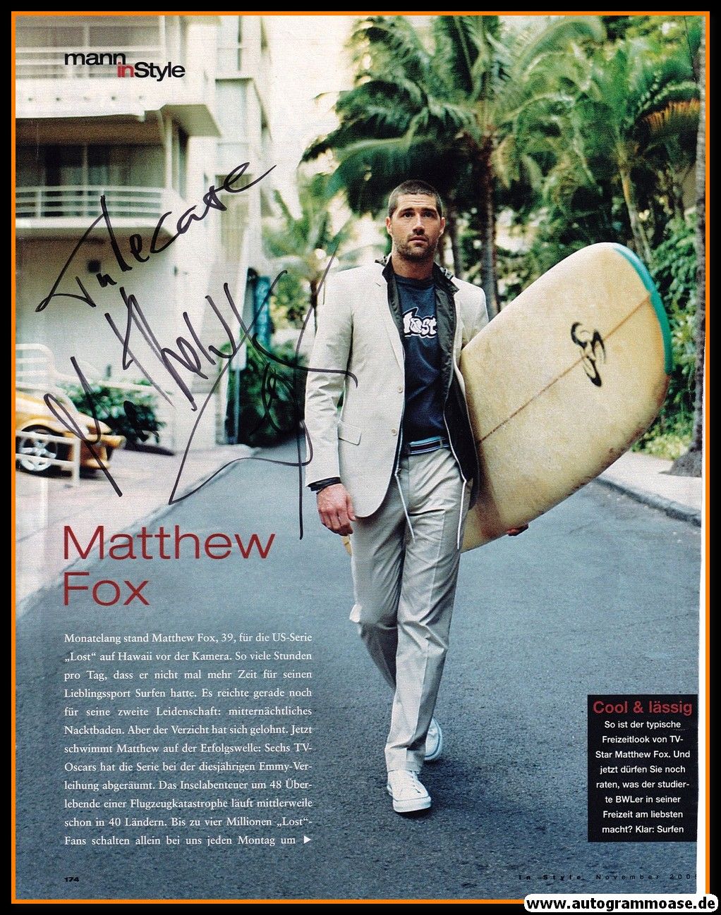 Autogramm Film (USA) | Matthew FOX | 2000er (Portrait Color Surfer) Mann In Style