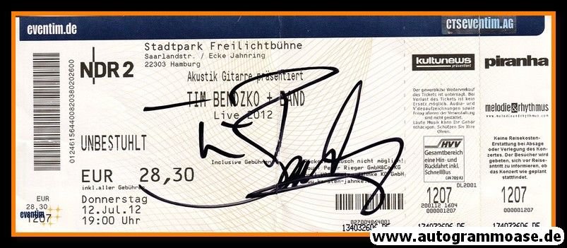 Autogramm Pop | Tim BENDZKO | 2012 (Ticket Konzert)