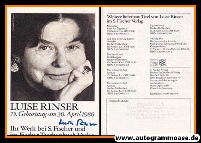 Autogramm Literatur | Luise RINSER | 1986 (Portrait SW) Broschüre