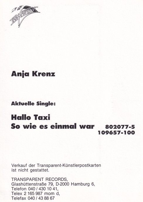 Autogramm Schlager | Anja KRENZ | 1987 "Hallo Taxi" (Portrait SW Transparent)