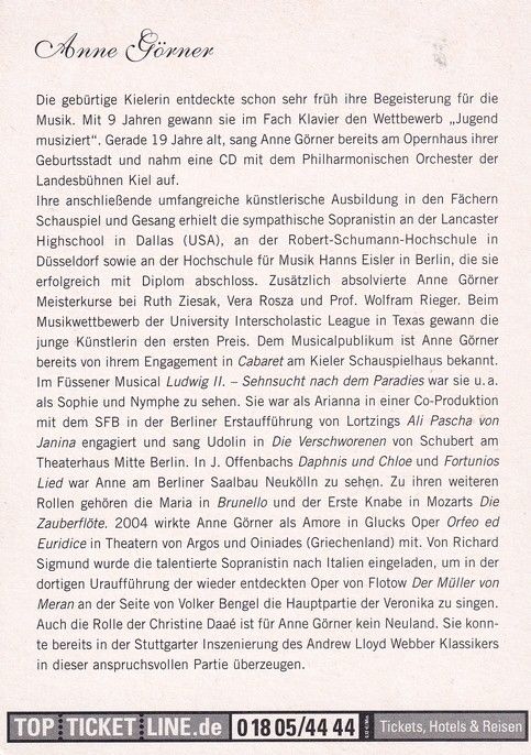 Autogramm Musical | Anne GÖRNER | 2010er "Phantom Der Oper" (Portrait Color)