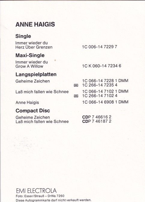 Autogramm Pop | Anne HAIGIS | 1987 "Geheime Zeichen" (EMI)