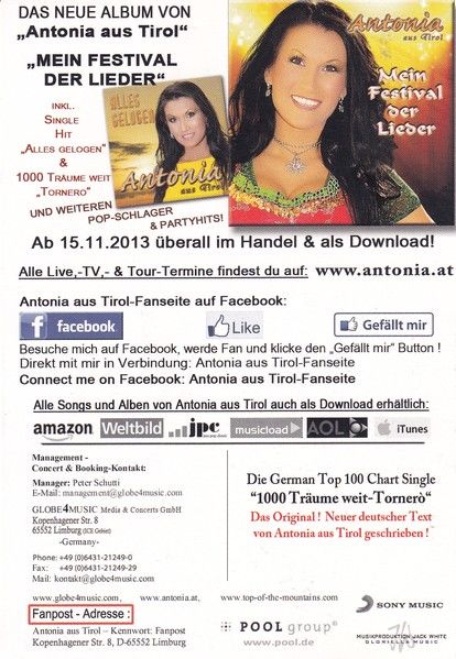 Autogramm Schlager | ANTONIA AUS TIROL | 2013 "Mein Festival Der Lieder" (Portrait Color)