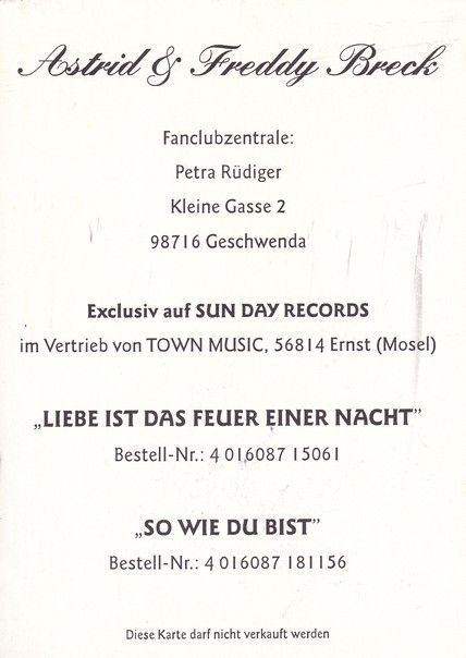 Autogramme Schlager | Astrid + Freddy BRECK | 2000 "Liebe Ist Das Feuer" (Sun Day)