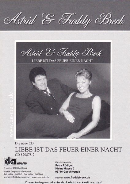 Autogramme Schlager | Astrid + Freddy BRECK | 2000 "Liebe Ist Das Feuer" (DA Music)