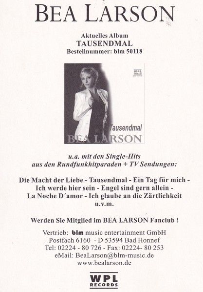 Autogramm Schlager | Bea LARSON | 2009 "Tausendmal" (Portrait Color) WPL