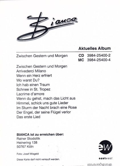 Autogramm Schlager | BIANCA | 1998 "Zwischen Gestern Und Morgen" (EastWest) 