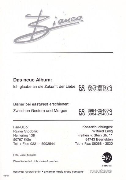 Autogramm Schlager | BIANCA | 2001 "Ich Glaube An Die Zukunft Der Liebe" (EastWest) 