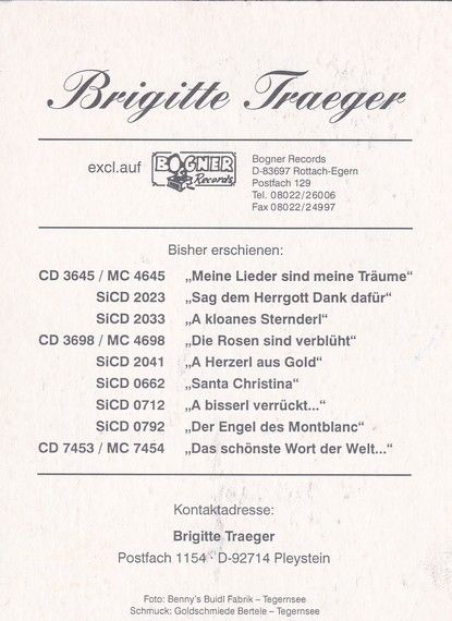 Autogramm Volksmusik | Brigitte TRAEGER | 1997 "Das Schönste Wort Der Welt" (Bogner)
