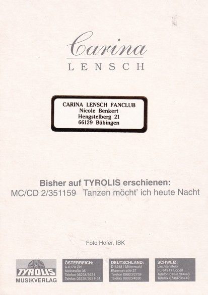 Autogramm Schlager | CARINA Lensch | 1995 "Tanzen Möcht Ich" (Portrait Color Tyrolis)