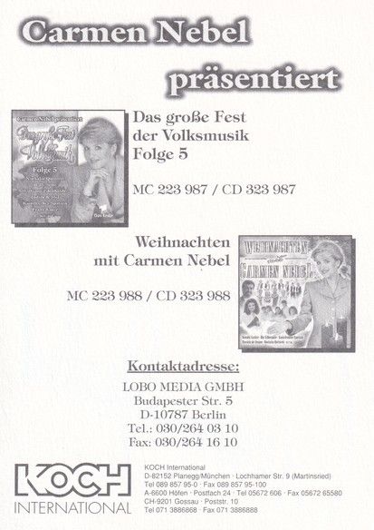 Autogramm TV / Volksmusik | Carmen NEBEL | 1997 "Weihnachten" (Koch)