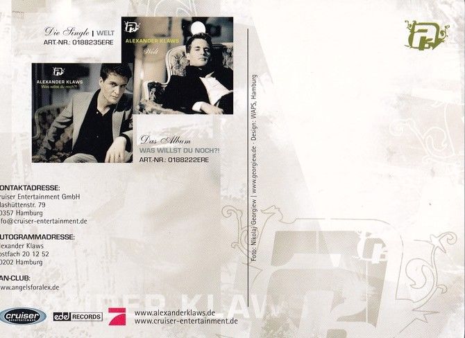 Autogramm Pop | Alexander KLAWS | 2008 "Was Willst Du Noch" (Portrait SW) Cruiser