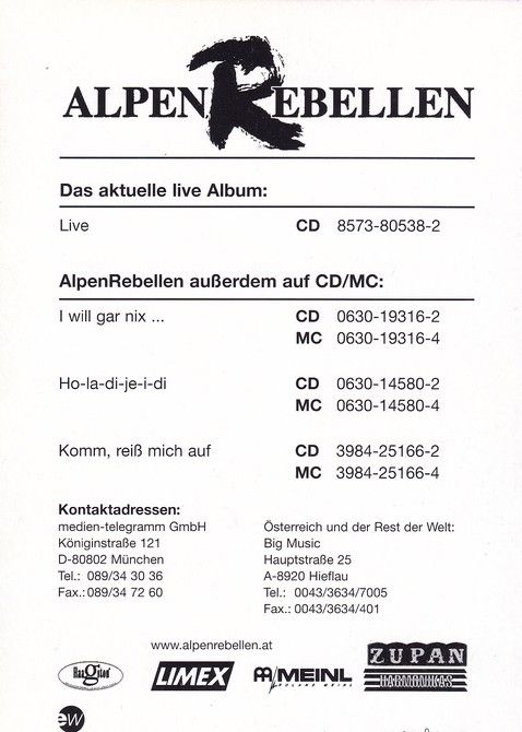 Autogramme Schlager | ALPENREBELLEN | 1999 "Live" (EastWest)