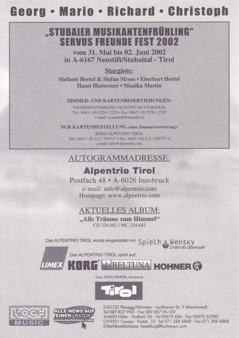 Autogramme Volksmusik | ALPENTRIO TIROL | 2002 (Servus Freunde Fest)