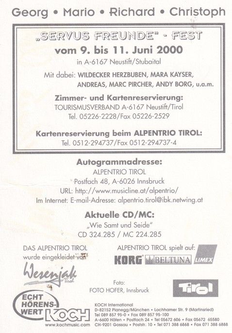 Autogramme Volksmusik | ALPENTRIO TIROL | 2000 (Servus Freunde Fest)