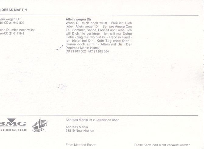 Autogramm Schlager | Andreas MARTIN | 1998 "Allein Wegen Dir" (Portrait Color BMG)