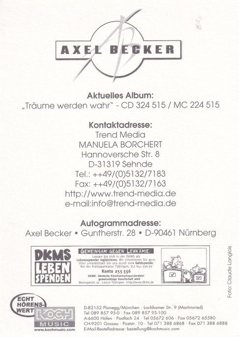 Autogramm Schlager | Axel BECKER | 2000 "Träume Werden Wahr" (Portrait Color Koch)