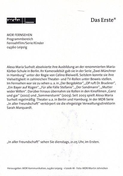 Autogramm TV | ARD | Alexa Maria SURHOLT | 2006 "In Aller Freundschaft"