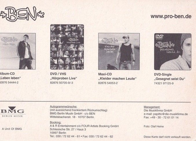 Autogramm Pop | BEN | 2003 "Leben Leben" (Portrait Color BMG)