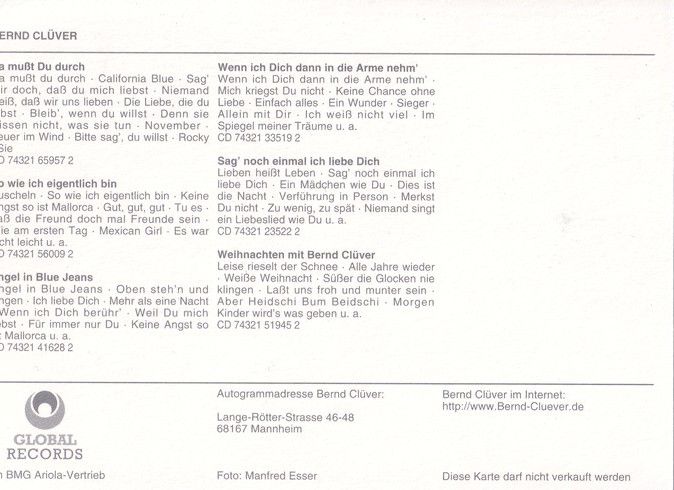 Autogramm Schlager | Bernd CLÜVER | 1999 "Da Musst Du Durch" (Portrait SW) Global