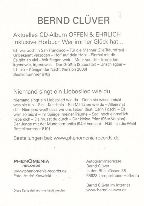 Autogramm Schlager | Bernd CLÜVER | 2006 "Offen + Ehrlich" (Portrait Color) Phenomenia