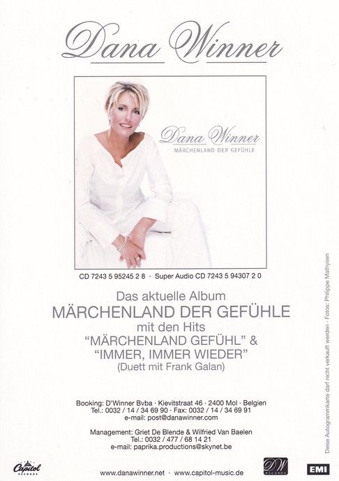 Autogramm Schlager | Dana WINNER | 2003 "Märchenland Der Gefühle" (Capitol)