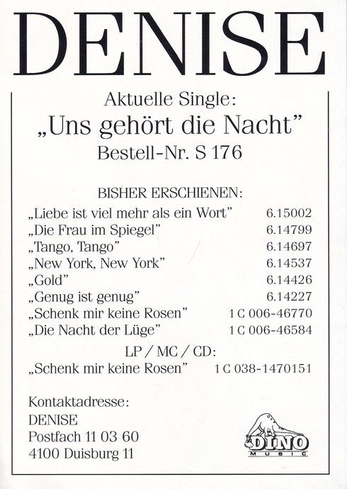 Autogramm Schlager | DENISE | 1995 "Uns Gehört Die Nacht" (Dino)