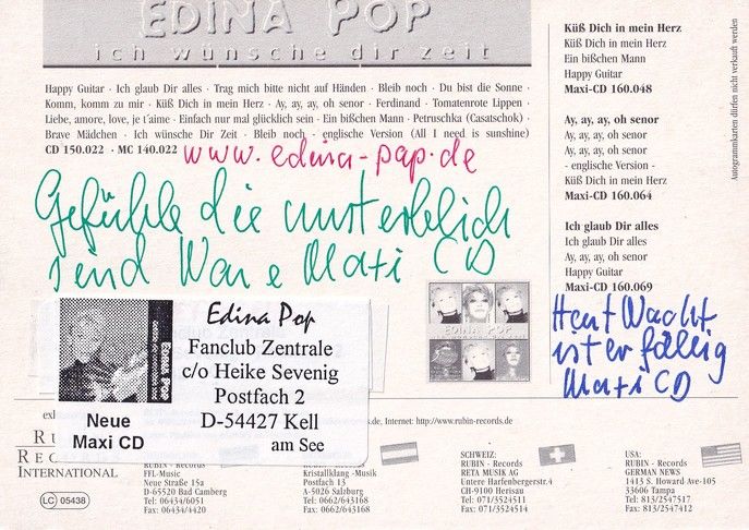 Autogramm Schlager | Edina POP | 1999 "Ich Wünsche Dir Zeit" (Rubin) 2