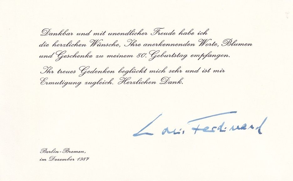 Autogramm Adel | LOUIS FERDINAND von Preussen | 1987 (Dankesschreiben)