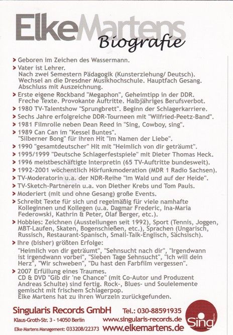Autogramm Schlager | Elke MARTENS | 2010er (Biografie) Singularis